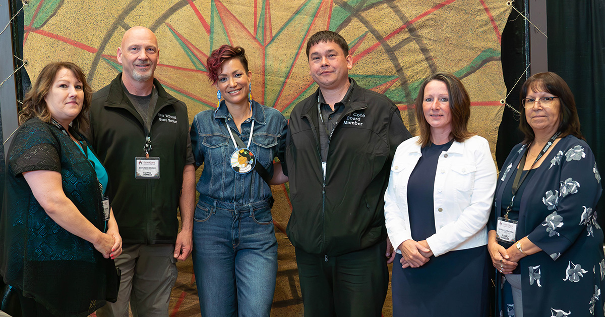 Vision Quest Board: Charlene Beamin, Dakota Ojibway CFDC; Dave McDonald, Kitayan CFDC; Waneek Horn-Miller, keynote; Joe Cote, Vice Chair, Cedar Lake CFDC; Tamy Burton, North Central CFDC; Carol Johnston, Chair, Southeast CFDC